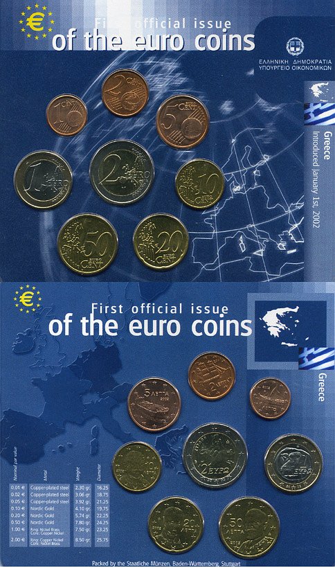 Греция евронабор из 8 монет 2002 официальный выпуск в пластике биметалл UNC 7-5-2-4