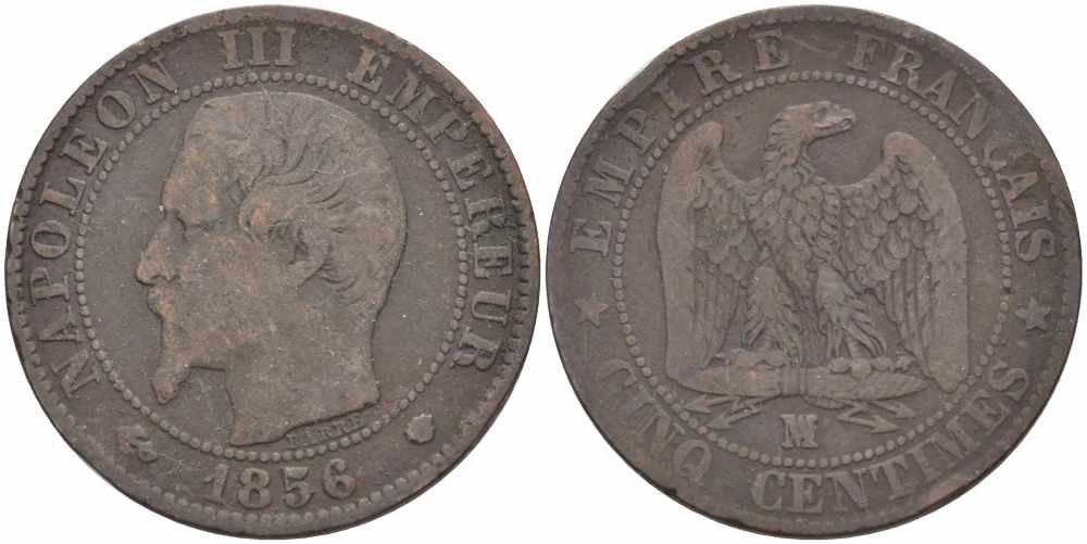 ФРАНЦИЯ 5 САНТИМОВ 1856 MA, НАПОЛЕОН III (1852-1870) KM 777.6, LE FRANC 116.35 бронза 108-444