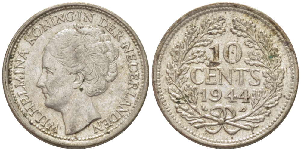 Нидерланды 10 центов 1944 Вильгельмина (1890-1948) KM 163 серебро aUNC 46-1214