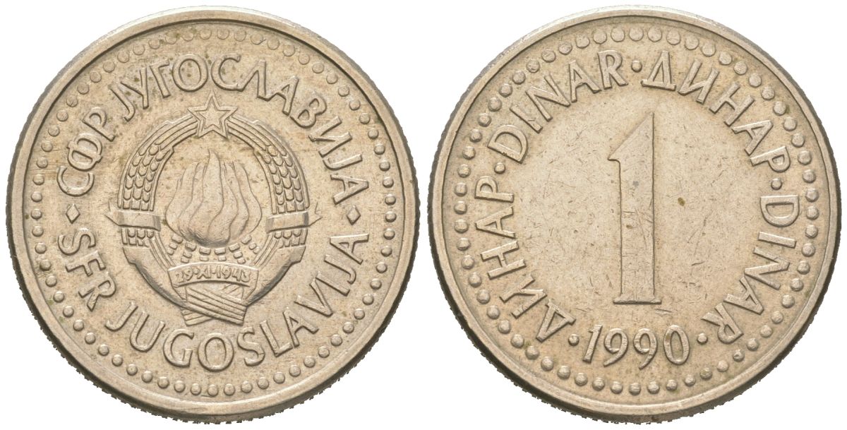 Югославия 1 динар 1990 KM 142 медь цинк никель aUNC 4591-537