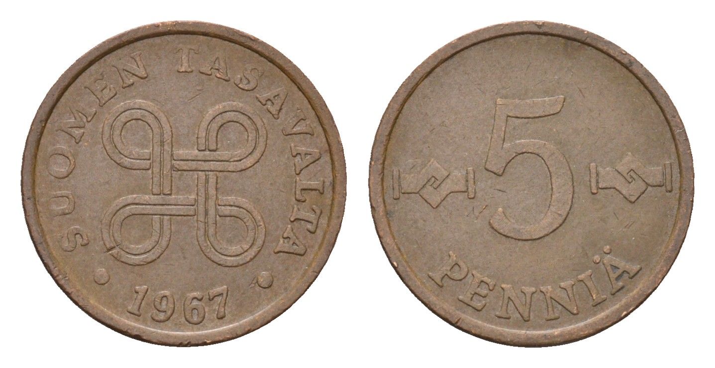 Финляндия 5 пенни 1967 KM 45 медь 188-825