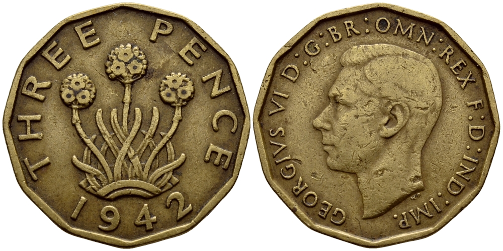 Великобритания 3 пенса 1942 Георг VI (1936-1952) KM 849, Spink 4112 никель латунь 4398-1145