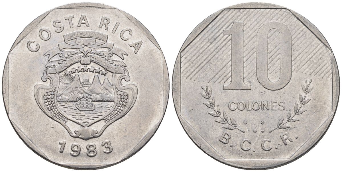 Коста-Рика 10 колон 1983 KM 215.1, Schoen 79 никель сталь 4517-111