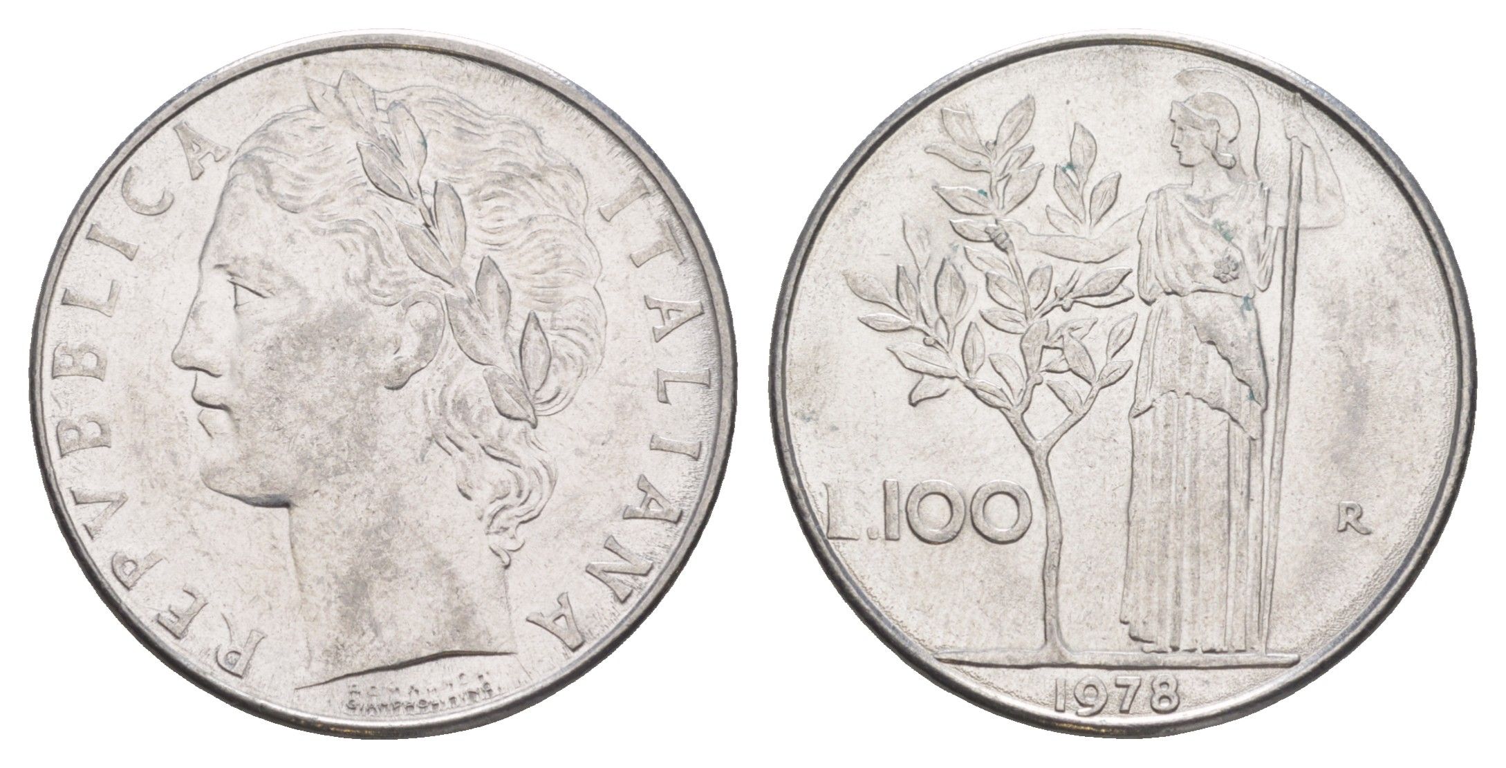 Италия 100 лир 1978 R, Афина у оливкого дерева KM 96.1 нержавеющая сталь 4529-332