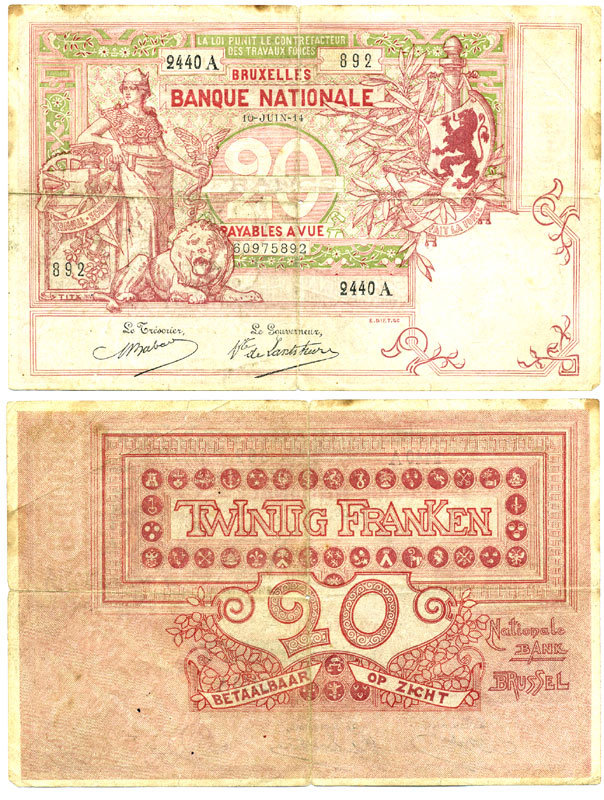 БЕЛЬГИЯ 20 ФРАНКОВ 1914 10 ИЮНЯ 1914 Pick 76 бумага 7486-33-2-2