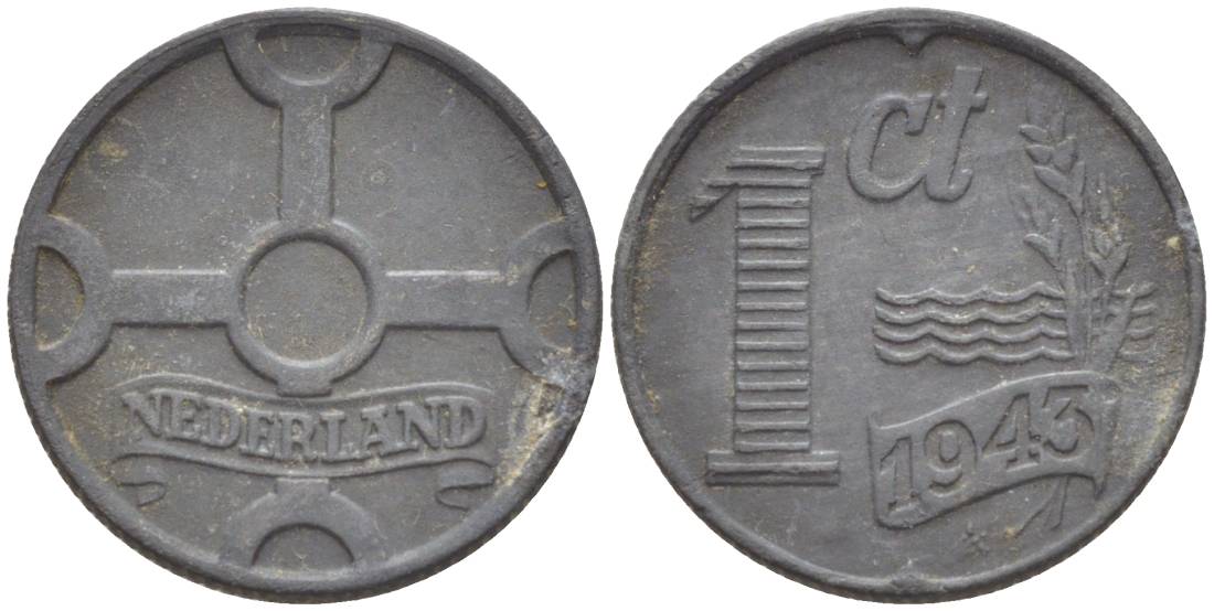 НИДЕРЛАНДЫ 1 ЦЕНТ 1943 ВИЛЬГЕЛЬМИНА I (1891-1948), ГЕРМАНСКАЯ ОККУПАЦИЯ, ВТОРАЯ МИРОВАЯ ВОЙНА KM 170 цинк 4532-1144