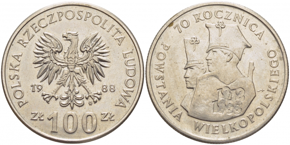 ПОЛЬША 100 ЗЛОТЫХ 1988 MW, 70 ЛЕТ ВЕЛИКОПОЛЬСКОГО ВОССТАНИЯ KM 182 медно-никель 3856-1136