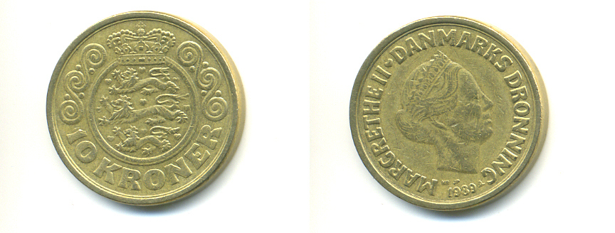 ДАНИЯ 10 КРОН 1989 NR; JP; A, МАРГРЕТЕ II (1972-) KM 867.1 алюминиевая бронза 179-232