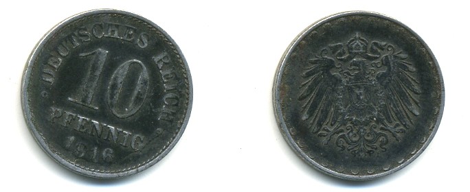 ГЕРМАНИЯ 10 ПФЕННИГОВ 1916 A, KM 20, J. 298 железо 4379-1425