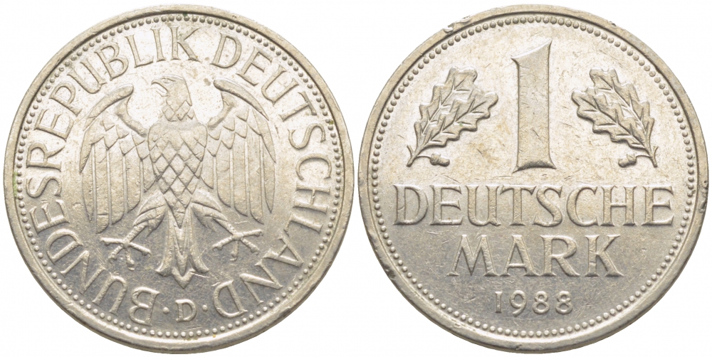 ФРГ 1 МАРКА 1988 D J.385, KM 110 медно-никель 3856-211