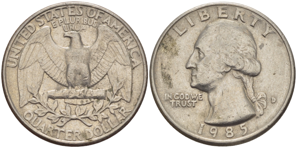 США 25 ЦЕНТОВ = КВОТЕР 1985 D, ВАШИНГТОН KM А164а медь плакированная медно-никелем 31-745