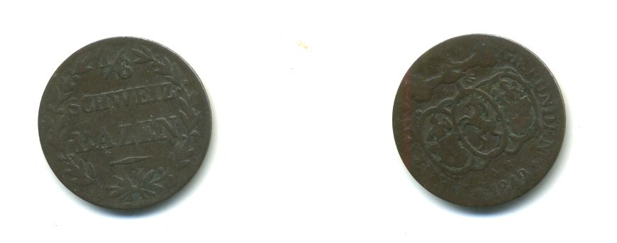 ШВЕЙЦАРИЯ КАНТОН ГРАУБУНДЕН 1/6 БАТЦЕНА 1842 A.B. KM 16 серебро 54-639