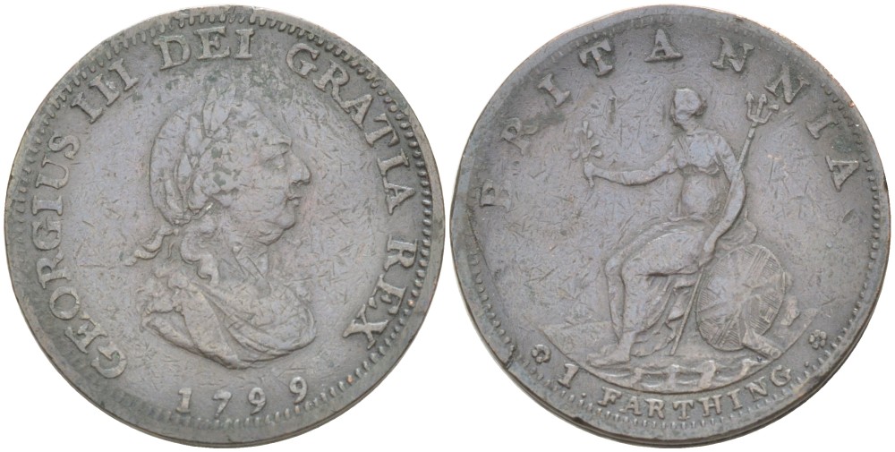 Великобритания 1 фартинг 1799 Георг III (1760-1820) KM 646, Spink 3779 медь 4543-1123