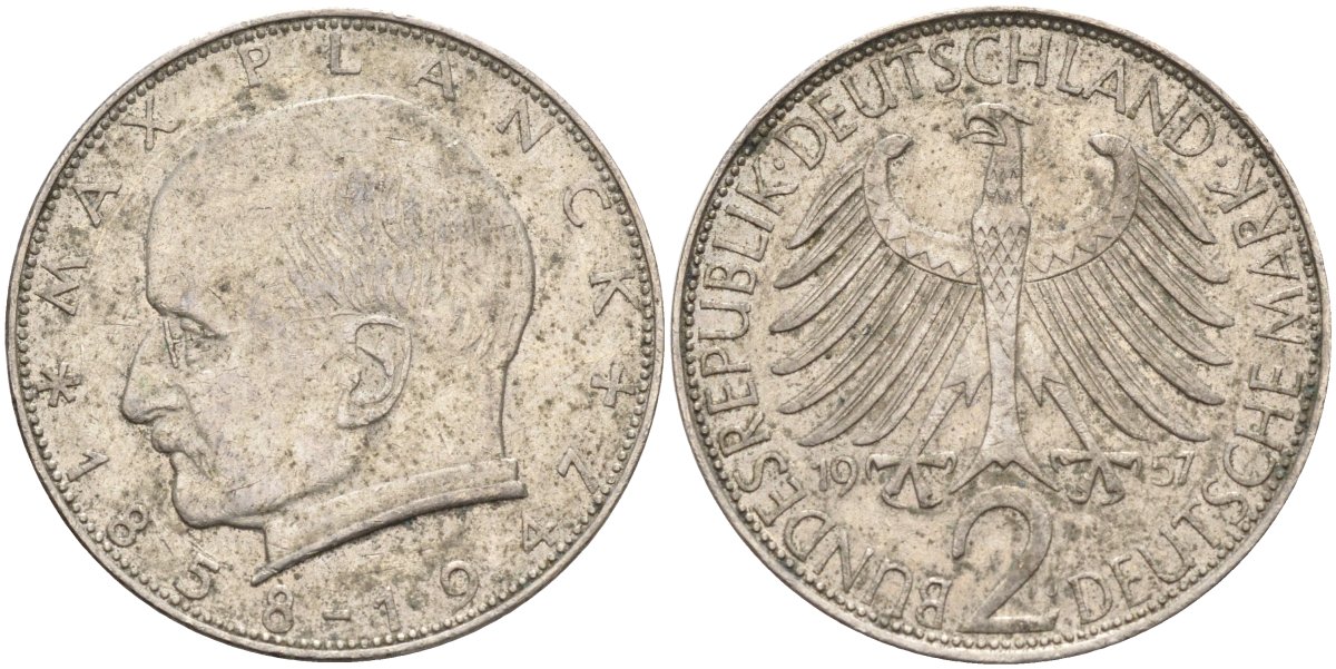 ФРГ 2 марки 1957 J , Макс Планк KM 116, J. 392 медно-никель плакированный никелем 4139-141