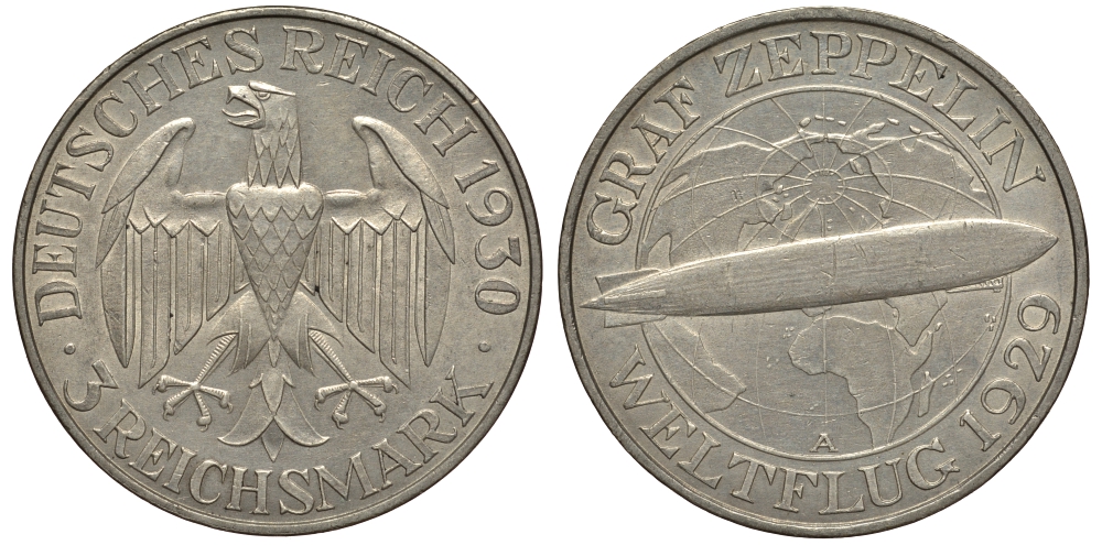 Германия 3 марки 1930 A, полет дирижабля граф Цеппелин J. 342, KM 67 серебро 413-4533
