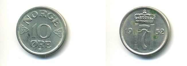 НОРВЕГИЯ 10 ЭРЕ 1952 KM 396 медно-никель 80-852