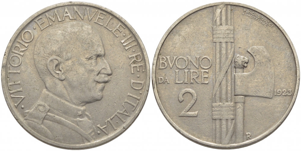 Италия 2 лиры 1923 R, Виктор Эммануил III (1900-1948) KM 63 никель 114-711