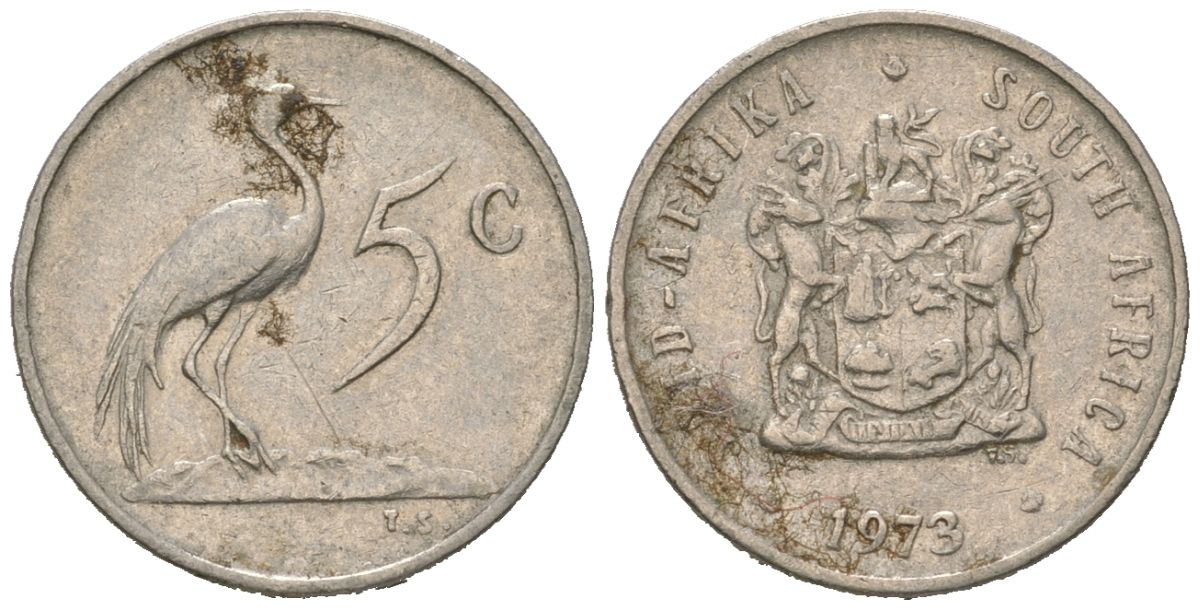 ЮАР 5 центов 1973 герб, райский журавль KM 84 никель 4618-436