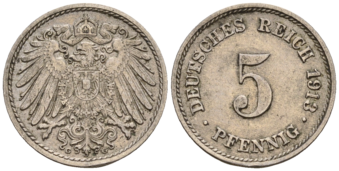 Германия 5 пфеннигов 1913 G, KM 11, J. 12 медно-никель 220-667