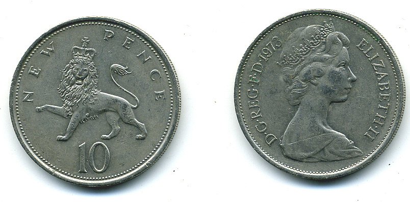 Великобритания 10 пенсов 1973 Елизавета II (1952-2022) KM 912, Spink 4231 (F1) медно-никель  4110-1322