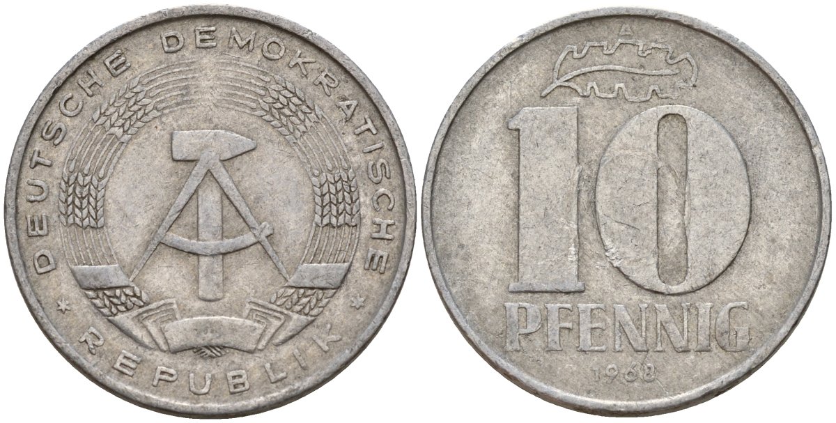 ГДР 10 пфеннигов 1968 A KM 10 алюминий 31-256
