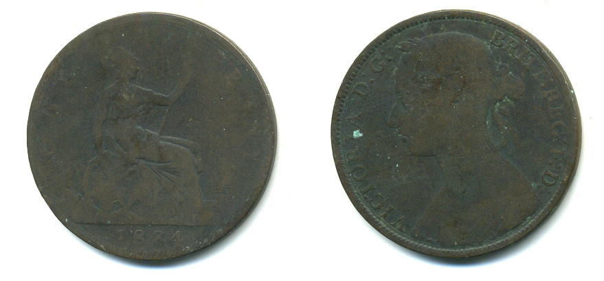 Великобритания 1 пенни 1884 Виктория (1837-1901) KM 755, Spink 3954 бронза 4383-521