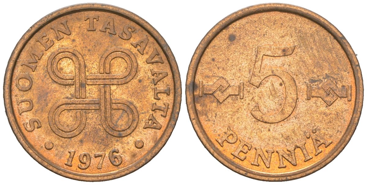 Финляндия 5 пенни 1976 KM 45 медь 218-757