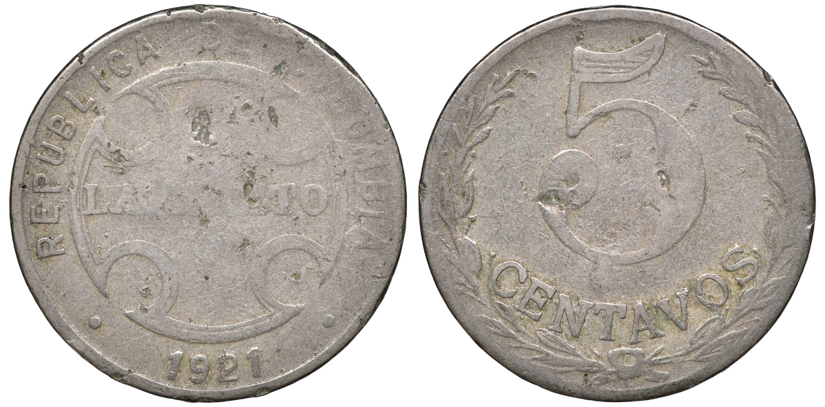 Колумбия 5 сентаво 1921 государственный лепрозорий KM L11 медно-никель 53-1032