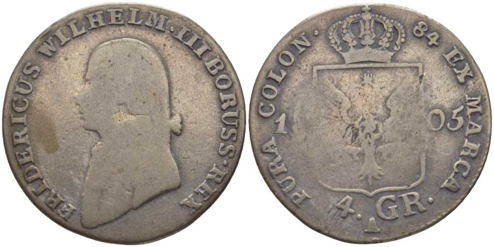ПРУССИЯ 4 ГРОША 1805 A, ФРИДРИХ ВИЛЬГЕЛЬМ III (1797-1840) КМ 370 серебро 4390-611