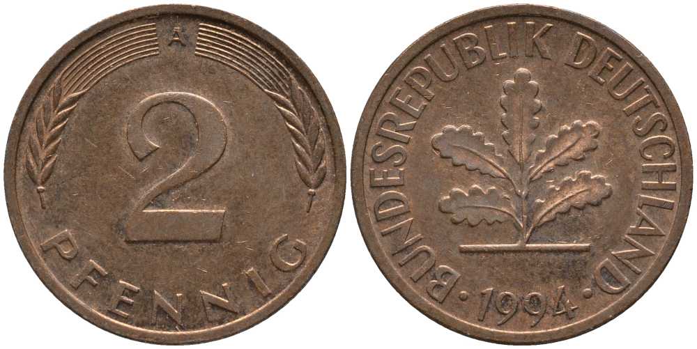 ФРГ 2 ПФЕННИГА 1994 А KM 106а, J. 381а медно-никель плакированный никелем 112-715