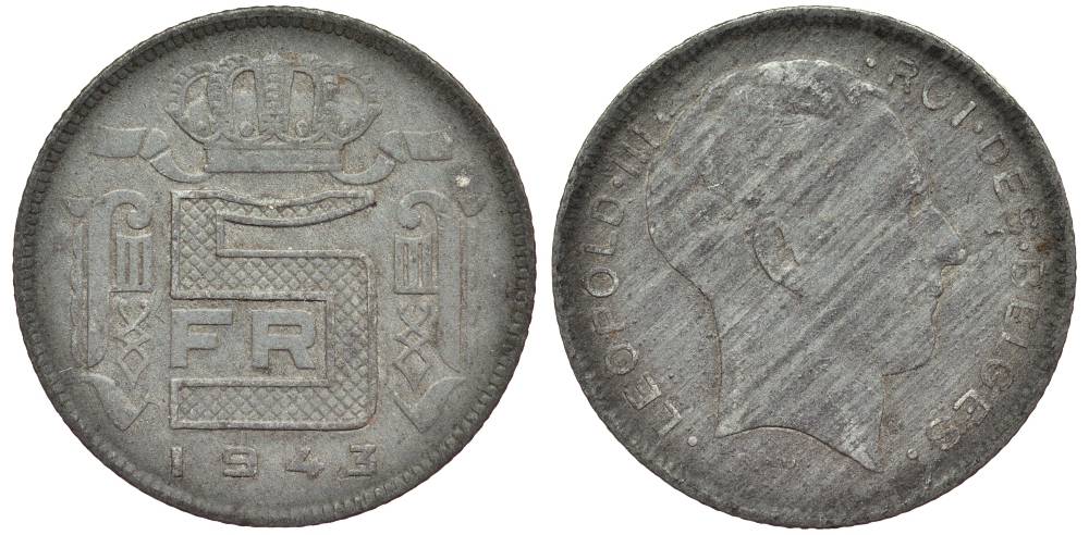 БЕЛЬГИЯ 5 ФРАНКОВ 1943 BELGES, ГЕРМАНСКАЯ ОККУПАЦИЯ, ВТОРАЯ МИРОВАЯ ВОЙНА KM 129.1 цинк 27-952