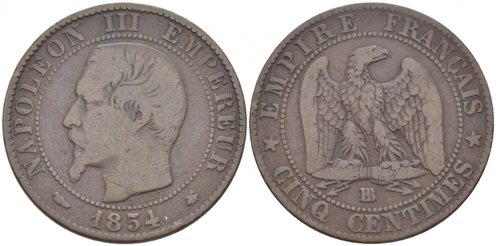 Франция 5 сантимов 1854 BB, Наполеон III (1852-1870) KM 777.3, LE FRANC 116.10 бронза 4448-1221