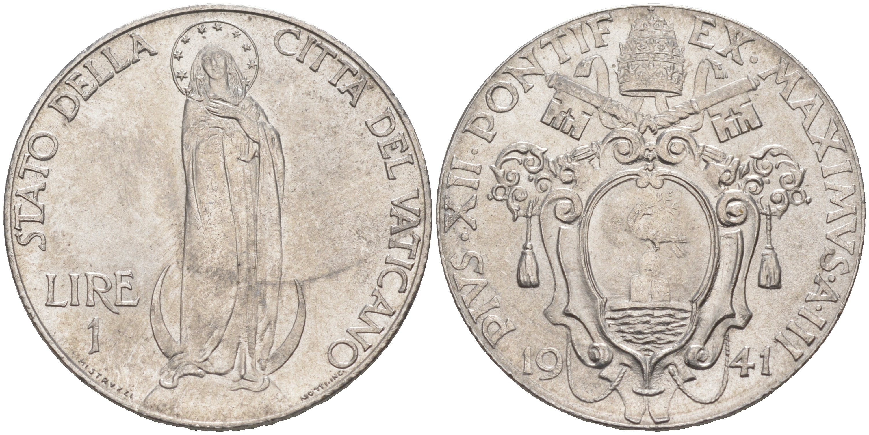 Ватикан 1 лира 1941 Пий XII, Дева Мария KM 26 a сталь UNC 63-656