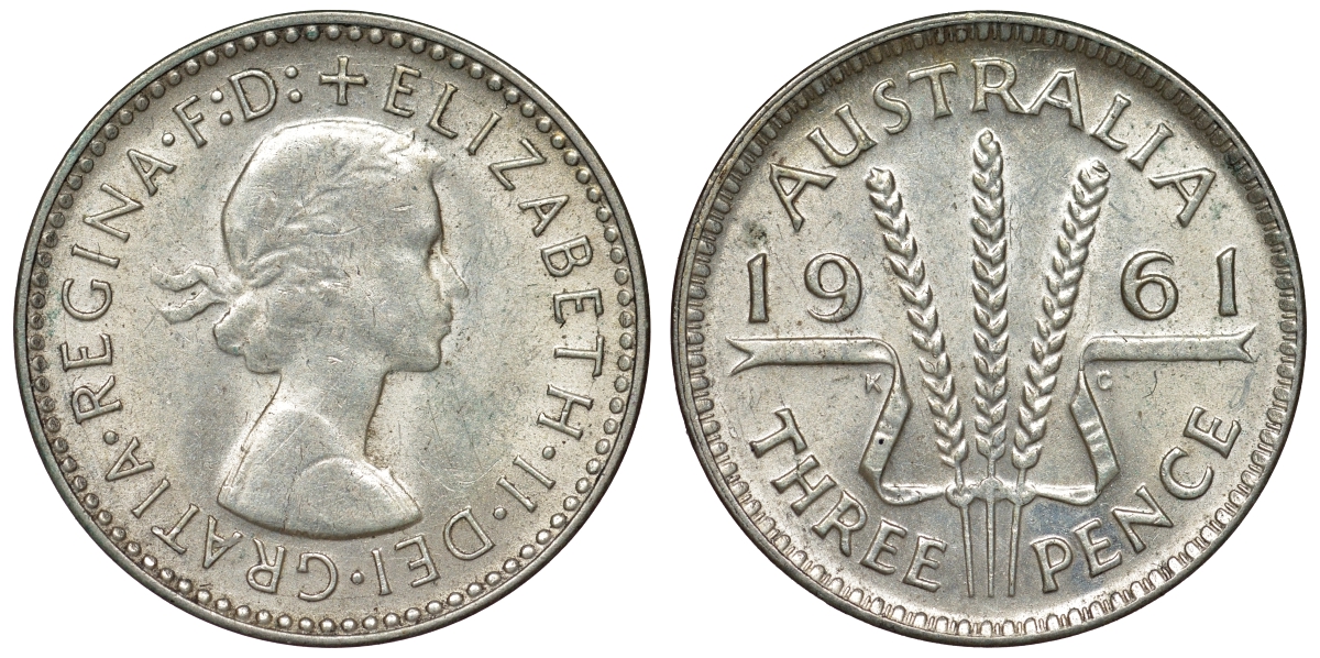 Австралия 3 пенса 1961 m, Елизавета II (1952-2022) KM 57 серебро 71-749