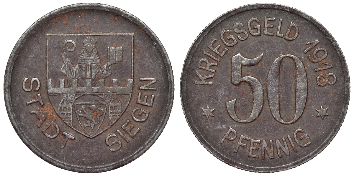 Германия, Зиген 50 пфеннигов 1918 Северный Рейн-Вестфалия, нотгельд Funck 497.5 железо 4121-444