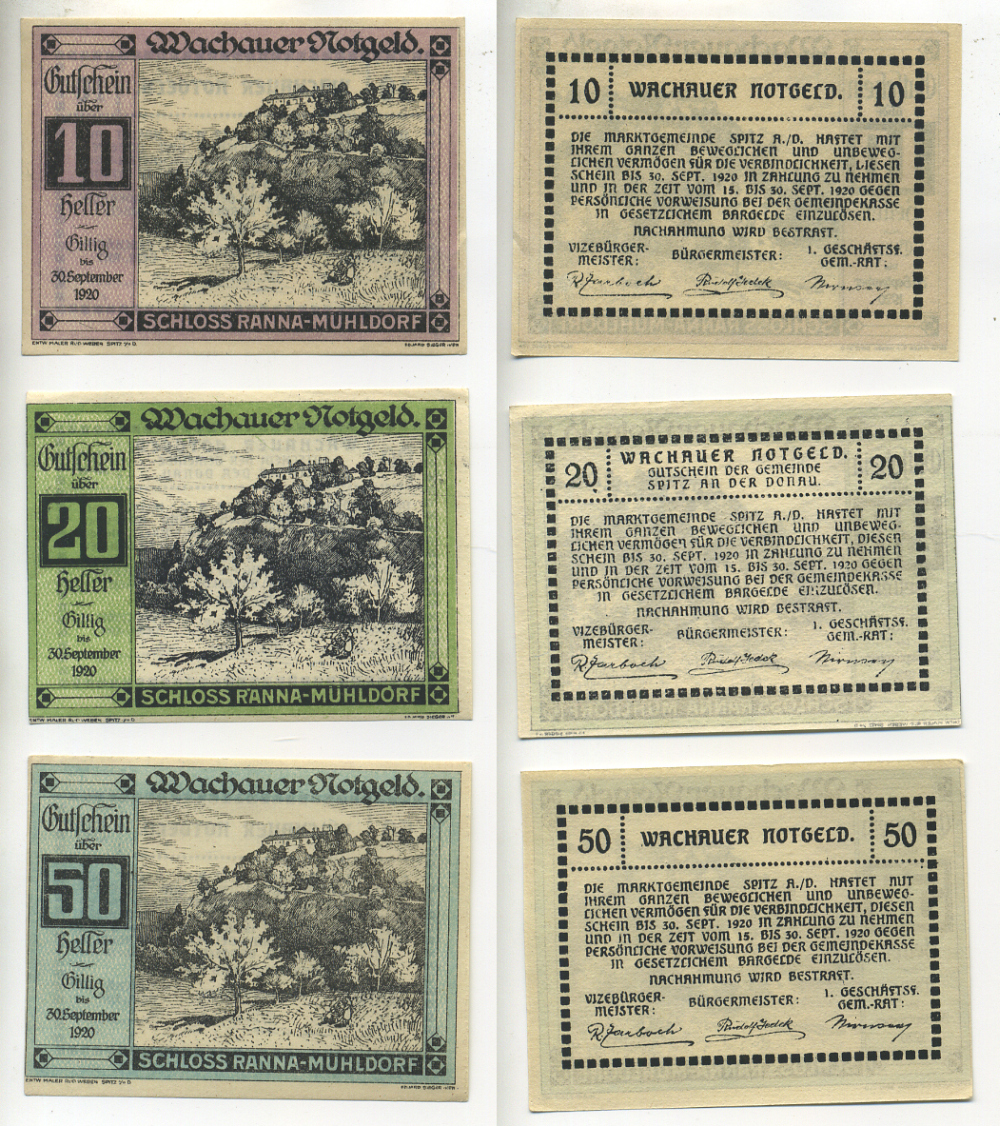 АВСТРИЯ, ВАЧАУ НАБОР ИЗ 3 БАНКНОТ 1920 30 СЕНТЯБРЯ 1920, НОТГЕЛЬД, ЗАМОК РАННА-МЮЛЬДОРФ, 10, 20, 50 ГЕЛЛЕРОВ, SPIZ am der HASTET бумага XF 70-10-1