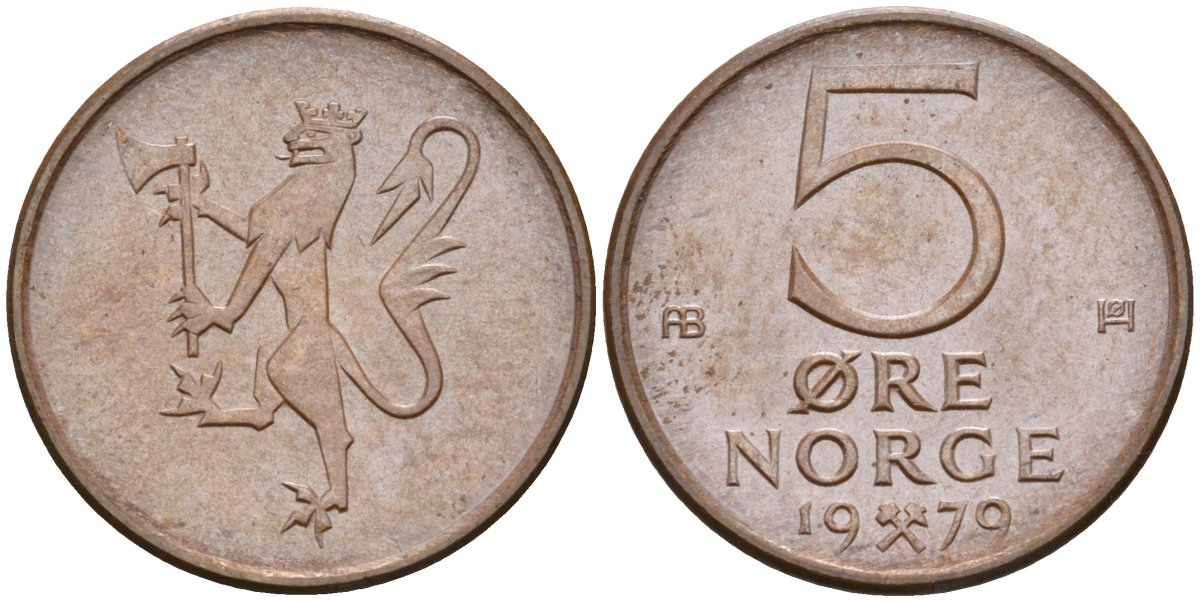 Норвегия 5 эре 1979 Улаф V (1958-1991) KM 415 бронза UNC 4582-546