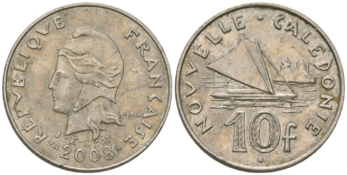 Французская Новая Каледония 10 франков 2008 рыбачья парусная лодка, (IEOM) KM 11a, Schoen 13a, Lec 99k медно-никель 60-323