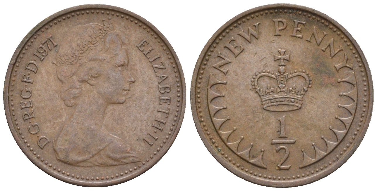 Великобритания 1/2 пенни 1971 Елизавета II (1952-2022) KM 914, Spink 4239 бронза 3309-1229