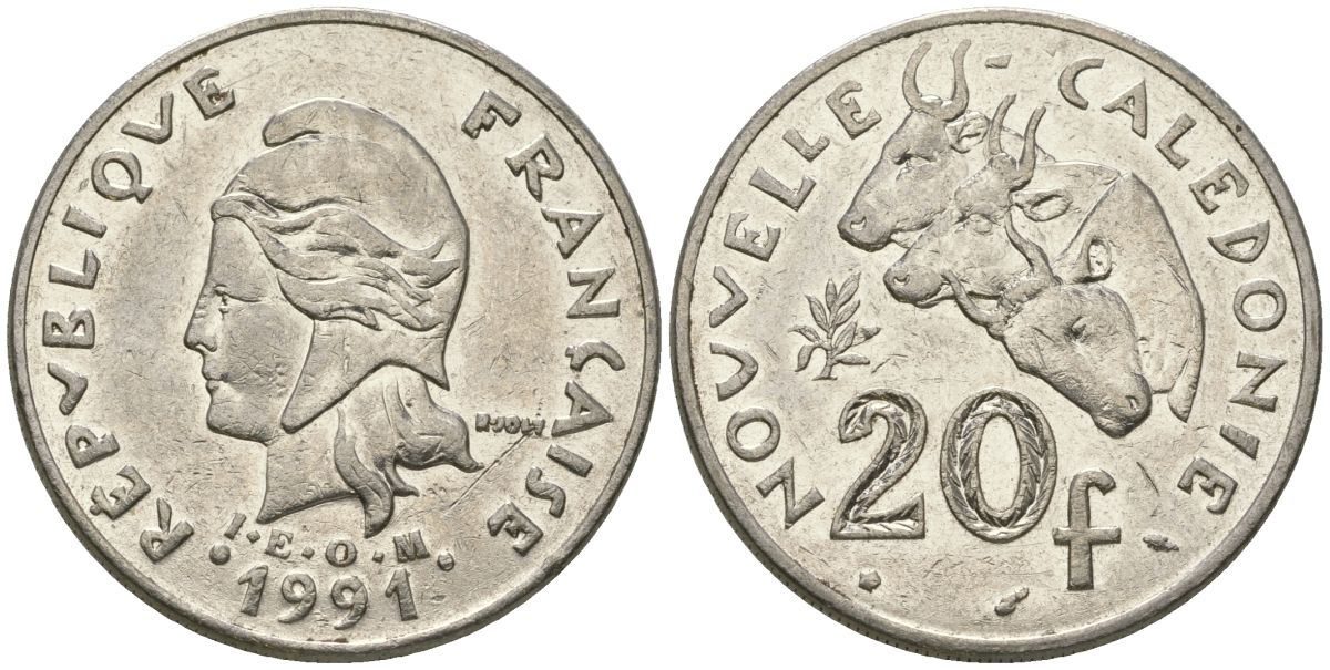 Французская Новая Каледония 20 франков 1991 три быка, (IEOM) KM 12, Schoen 14, Lec 114 никель 81-236