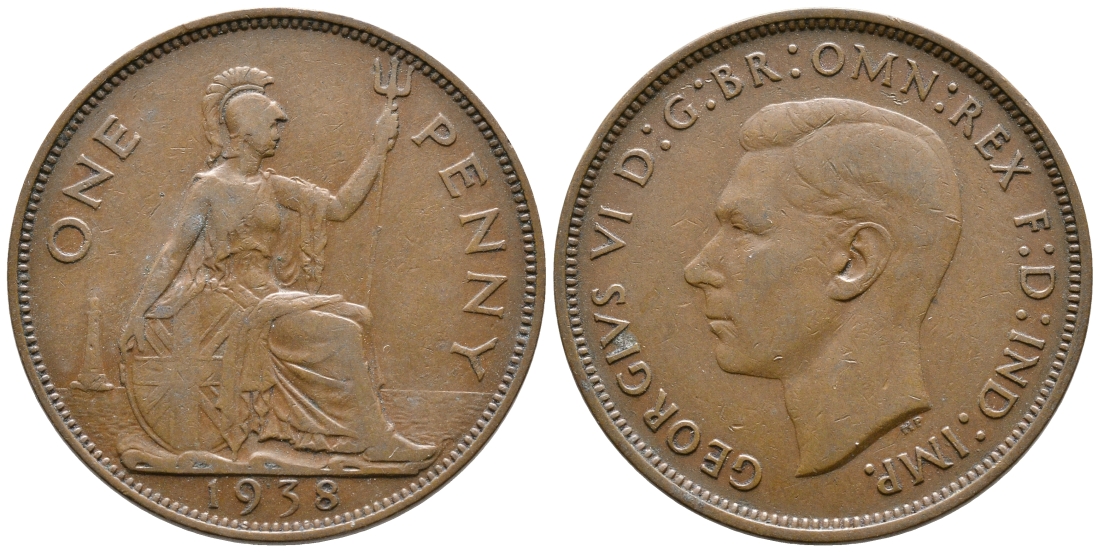 Великобритания 1 пенни 1938 Георг VI (1936-1952) KM 845, Spink 4114 бронза 4364-4243