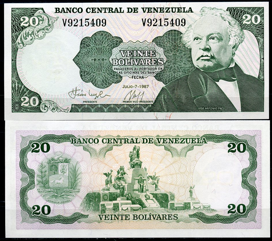 Венесуэла 20 боливаров 1987 Хосе Антонио Паэс Эррера, памятник Родине-матери на полях Карабобо Pick 64A  бумага  UNC (пресс) 447-9-2