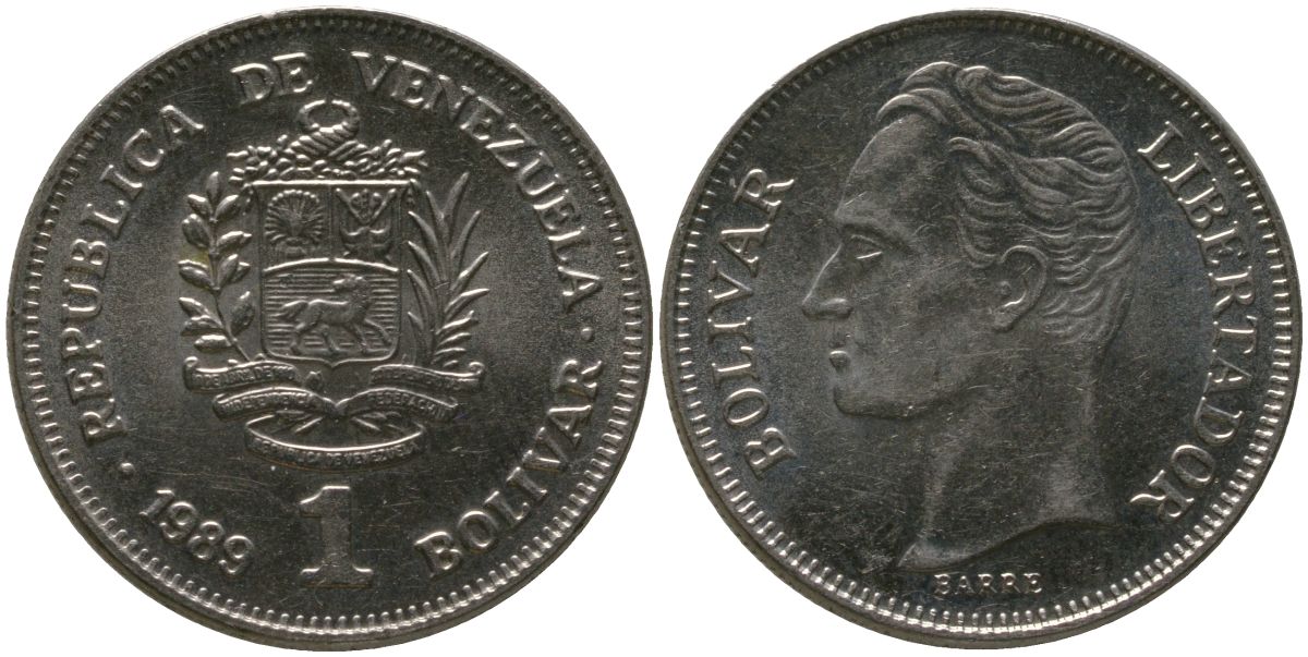 Венесуэла 1 боливар 1989 Симон Боливар KM 52a.2 сталь плакированная никелем 4529-125