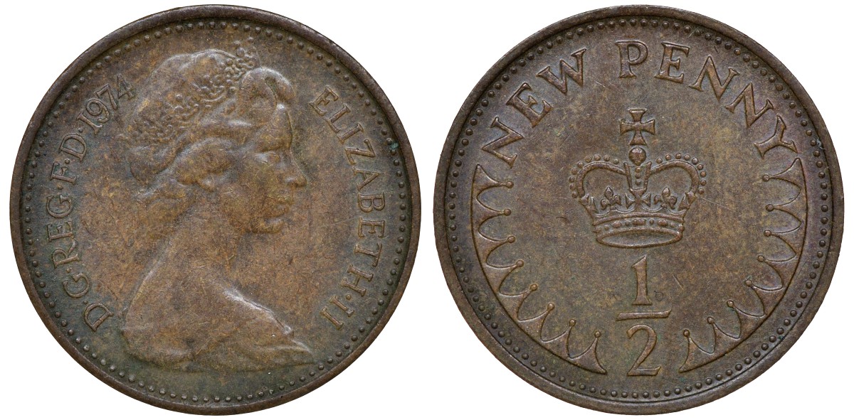 Великобритания 1/2 пенни 1974 Елизавета II (1952-2022) KM 914, Spink 4239 бронза 72-1625