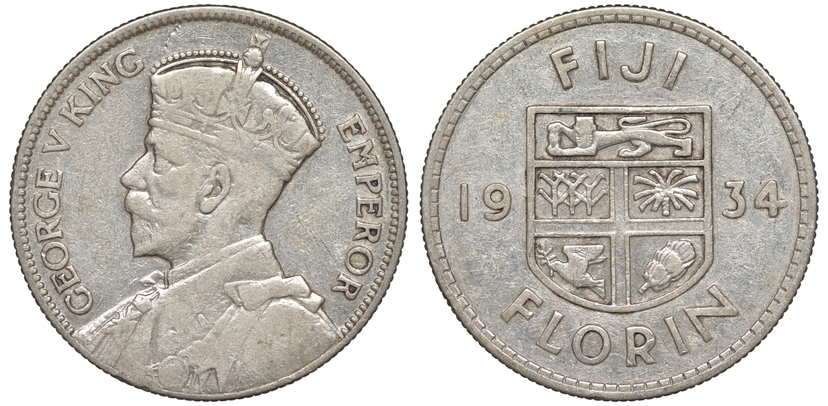 Фиджи 1 флорин 1934 Георг V (1910-1936), герб Фиджи KM 5 серебро 91-1216