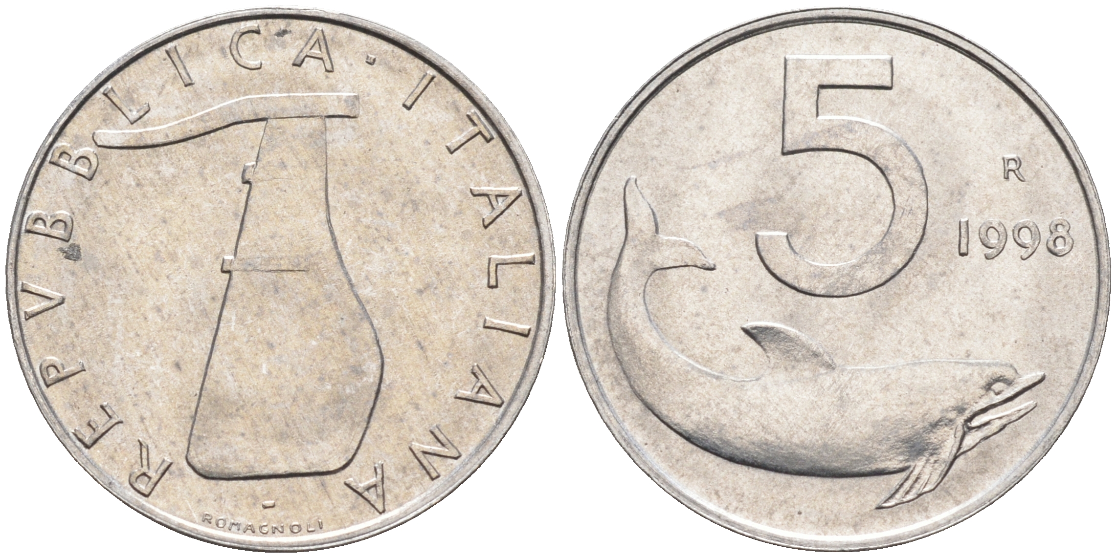 Италия 5 лир 1998 R, дельфин KM 92 алюминий  UNC  4594-823