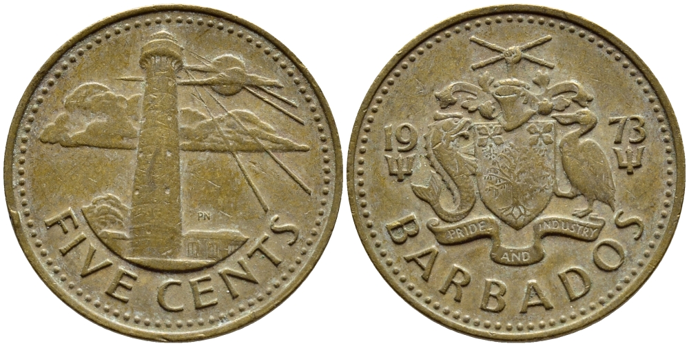 Барбадос 5 центов 1973 маяк Саут-Пойнт KM 11 латунь 4398-447