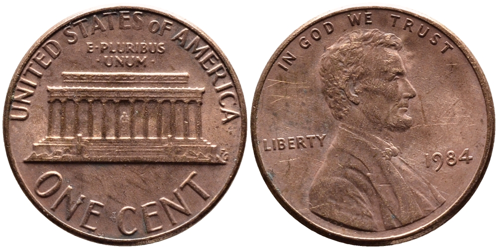 США 1 ЦЕНТ 1984 ЛИНКОЛЬН KM 201b цинк плакированный медью 4178-217