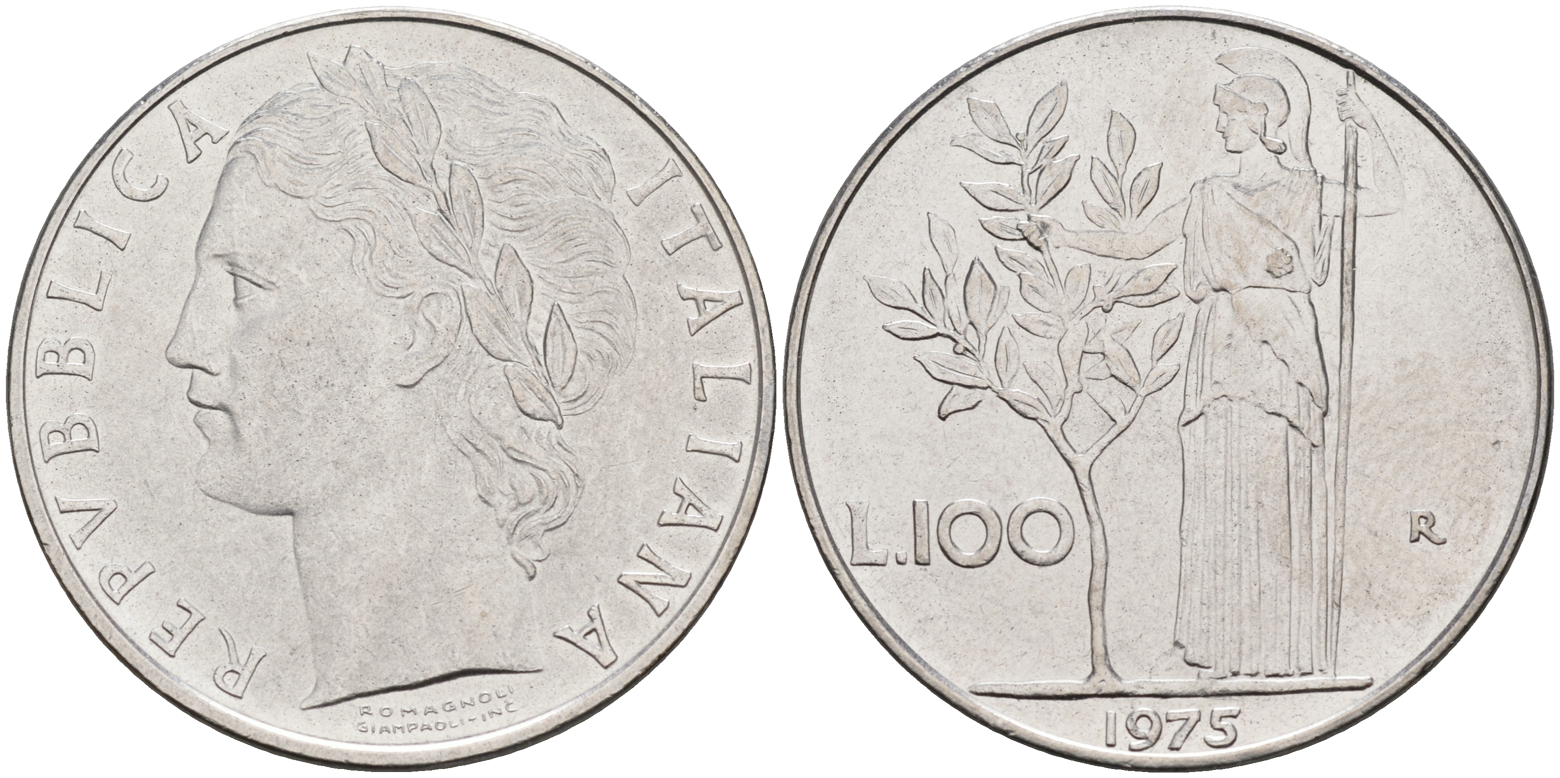 Италия 100 лир 1975 R, Афина KM 96.1 нержавеющая сталь 4117-333