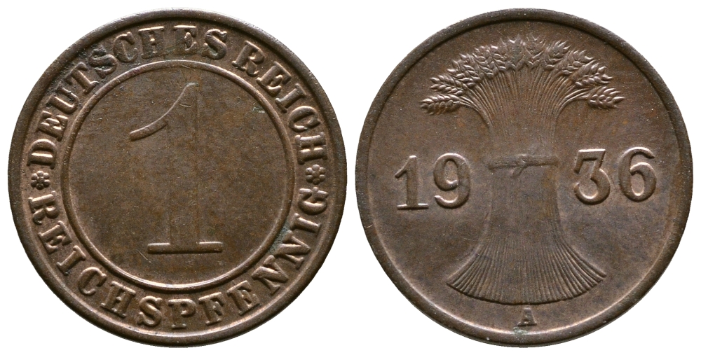 Германия 1 рейхспфенниг 1936 A KM 37, J. 313 бронза 220-135